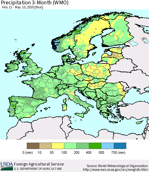 Europe Precipitation 3-Month (WMO) Thematic Map For 2/11/2020 - 5/10/2020