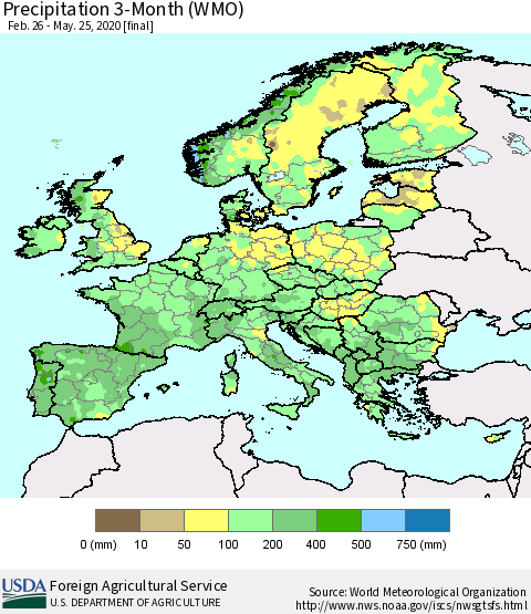 Europe Precipitation 3-Month (WMO) Thematic Map For 2/26/2020 - 5/25/2020