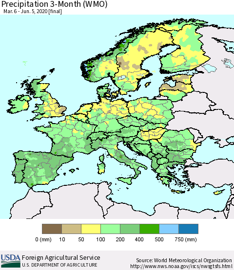 Europe Precipitation 3-Month (WMO) Thematic Map For 3/6/2020 - 6/5/2020