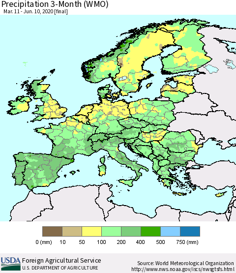 Europe Precipitation 3-Month (WMO) Thematic Map For 3/11/2020 - 6/10/2020