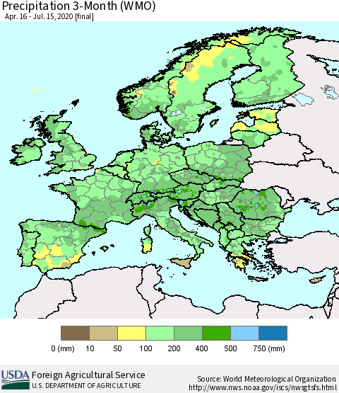 Europe Precipitation 3-Month (WMO) Thematic Map For 4/16/2020 - 7/15/2020