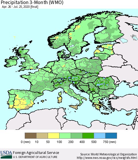 Europe Precipitation 3-Month (WMO) Thematic Map For 4/26/2020 - 7/25/2020