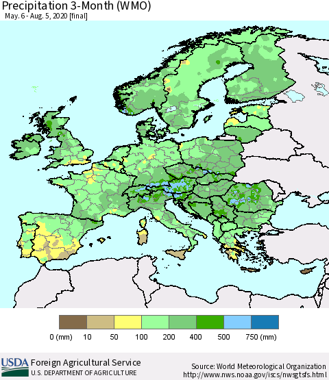 Europe Precipitation 3-Month (WMO) Thematic Map For 5/6/2020 - 8/5/2020