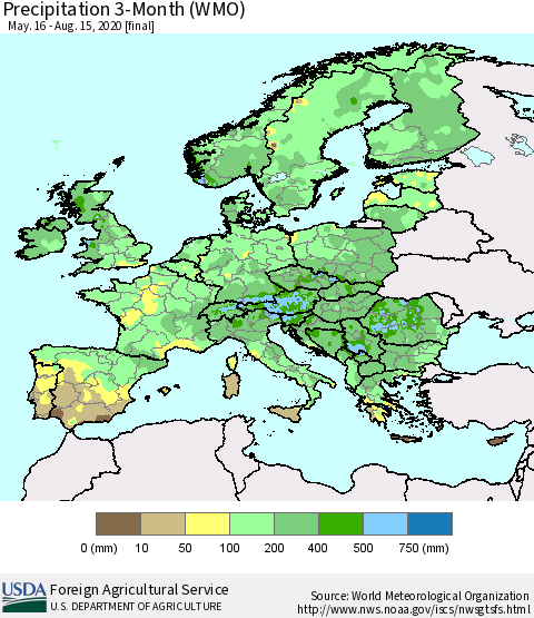 Europe Precipitation 3-Month (WMO) Thematic Map For 5/16/2020 - 8/15/2020