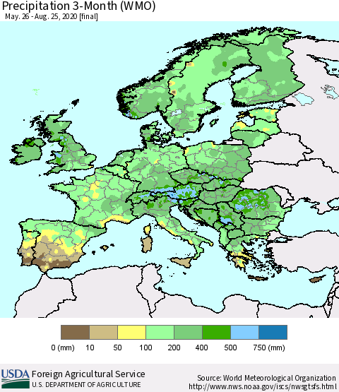 Europe Precipitation 3-Month (WMO) Thematic Map For 5/26/2020 - 8/25/2020