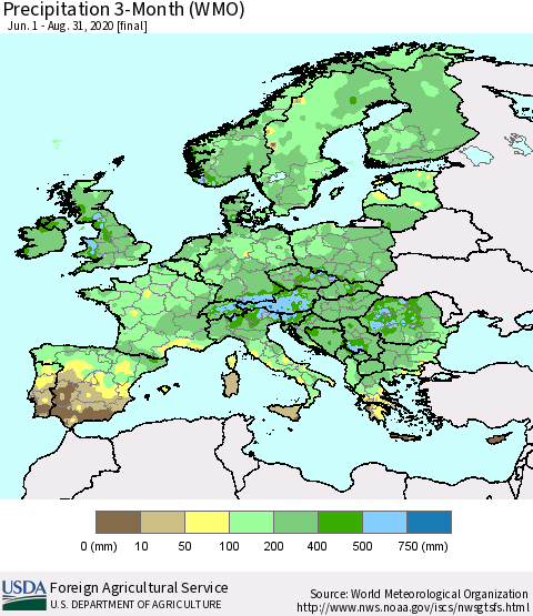 Europe Precipitation 3-Month (WMO) Thematic Map For 6/1/2020 - 8/31/2020