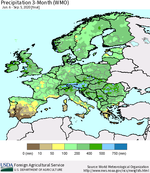 Europe Precipitation 3-Month (WMO) Thematic Map For 6/6/2020 - 9/5/2020
