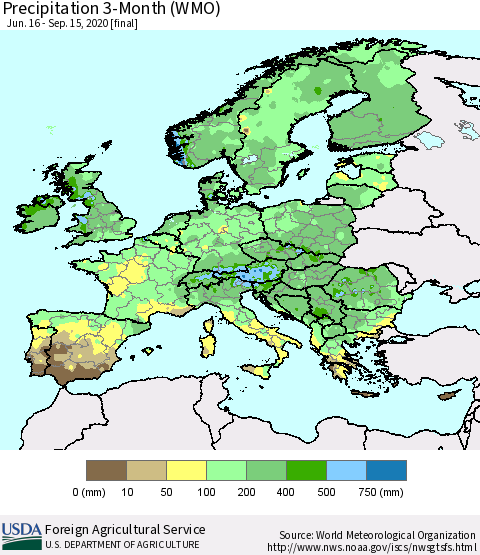 Europe Precipitation 3-Month (WMO) Thematic Map For 6/16/2020 - 9/15/2020