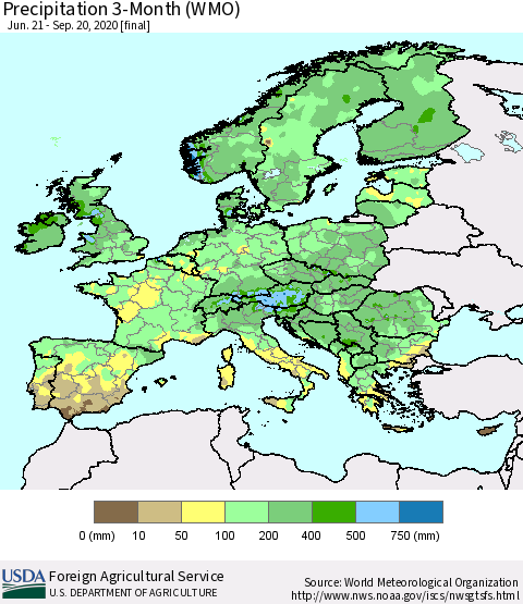 Europe Precipitation 3-Month (WMO) Thematic Map For 6/21/2020 - 9/20/2020