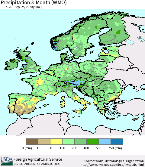 Europe Precipitation 3-Month (WMO) Thematic Map For 6/26/2020 - 9/25/2020