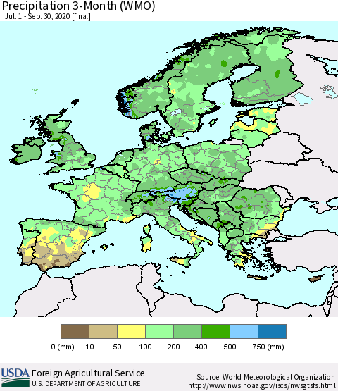 Europe Precipitation 3-Month (WMO) Thematic Map For 7/1/2020 - 9/30/2020