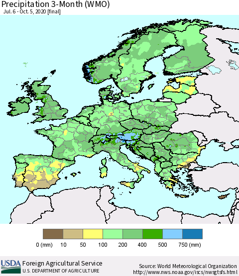 Europe Precipitation 3-Month (WMO) Thematic Map For 7/6/2020 - 10/5/2020