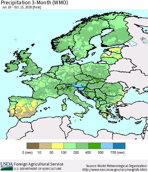 Europe Precipitation 3-Month (WMO) Thematic Map For 7/16/2020 - 10/15/2020