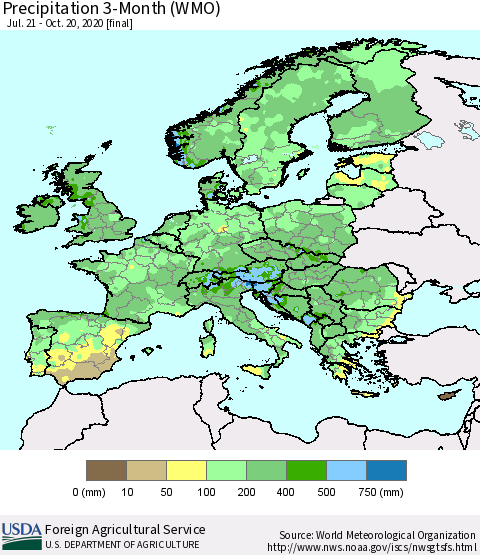 Europe Precipitation 3-Month (WMO) Thematic Map For 7/21/2020 - 10/20/2020