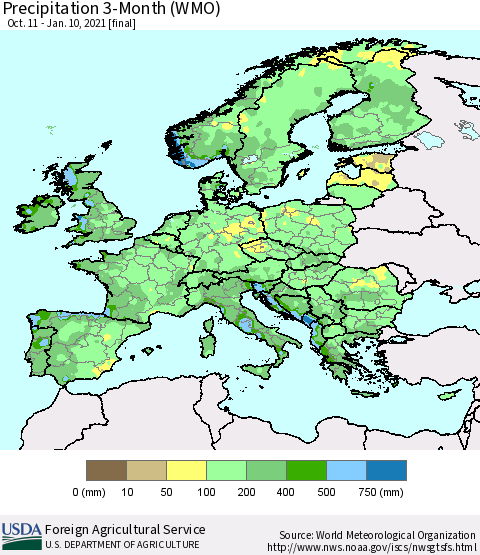 Europe Precipitation 3-Month (WMO) Thematic Map For 10/11/2020 - 1/10/2021