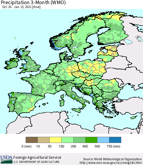 Europe Precipitation 3-Month (WMO) Thematic Map For 10/16/2020 - 1/15/2021