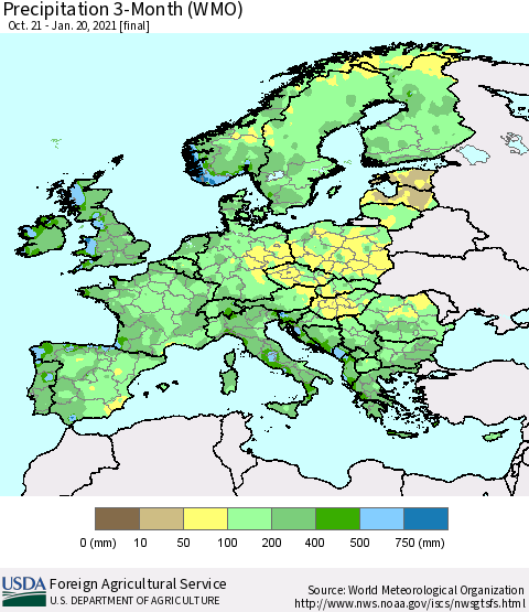 Europe Precipitation 3-Month (WMO) Thematic Map For 10/21/2020 - 1/20/2021