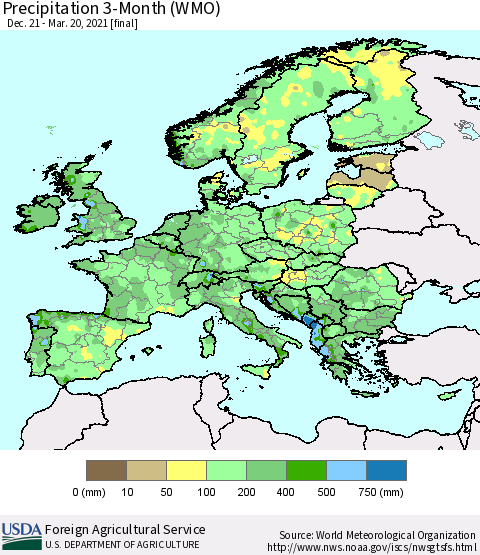 Europe Precipitation 3-Month (WMO) Thematic Map For 12/21/2020 - 3/20/2021