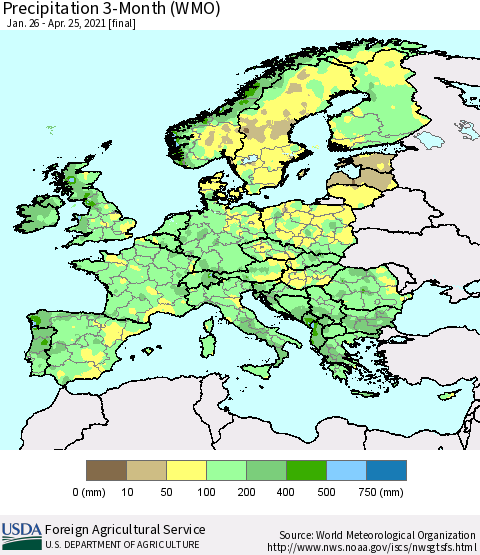 Europe Precipitation 3-Month (WMO) Thematic Map For 1/26/2021 - 4/25/2021