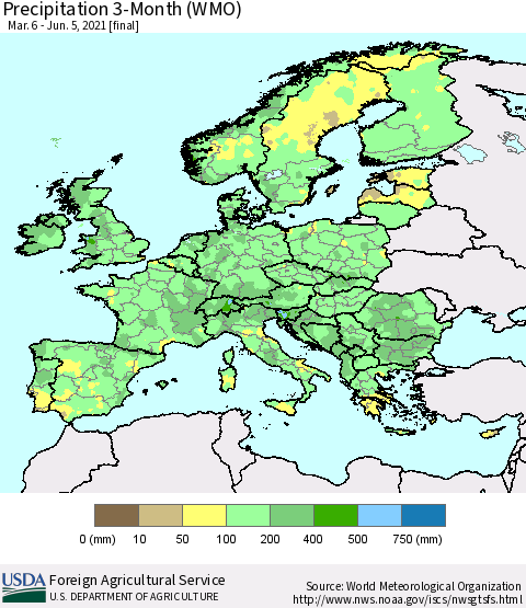 Europe Precipitation 3-Month (WMO) Thematic Map For 3/6/2021 - 6/5/2021
