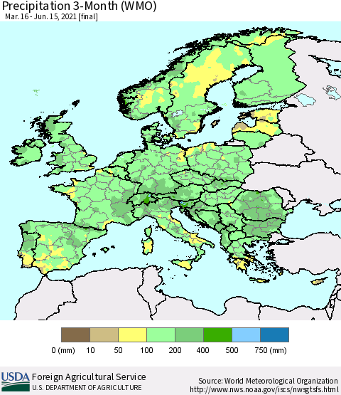 Europe Precipitation 3-Month (WMO) Thematic Map For 3/16/2021 - 6/15/2021