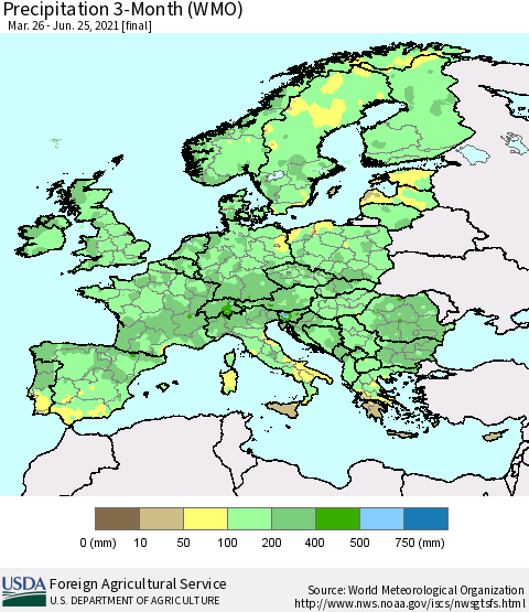 Europe Precipitation 3-Month (WMO) Thematic Map For 3/26/2021 - 6/25/2021