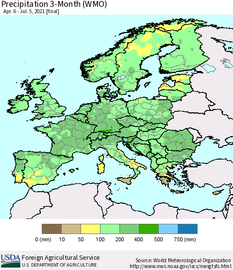 Europe Precipitation 3-Month (WMO) Thematic Map For 4/6/2021 - 7/5/2021