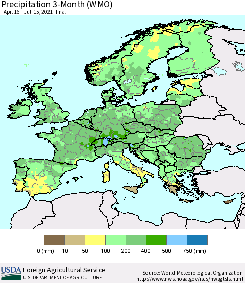 Europe Precipitation 3-Month (WMO) Thematic Map For 4/16/2021 - 7/15/2021
