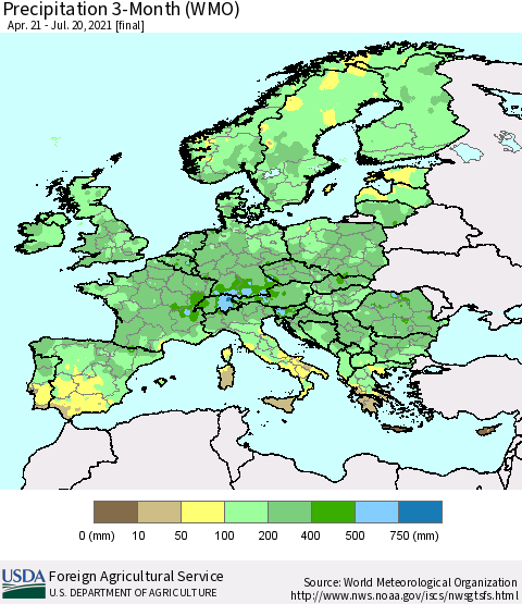 Europe Precipitation 3-Month (WMO) Thematic Map For 4/21/2021 - 7/20/2021