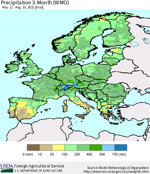 Europe Precipitation 3-Month (WMO) Thematic Map For 5/11/2021 - 8/10/2021