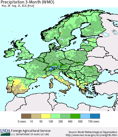 Europe Precipitation 3-Month (WMO) Thematic Map For 5/26/2021 - 8/25/2021