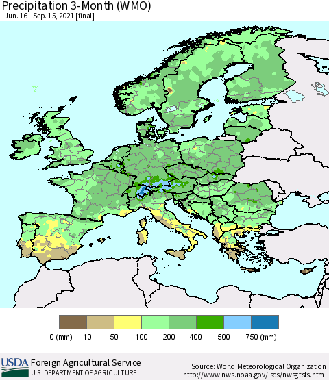 Europe Precipitation 3-Month (WMO) Thematic Map For 6/16/2021 - 9/15/2021