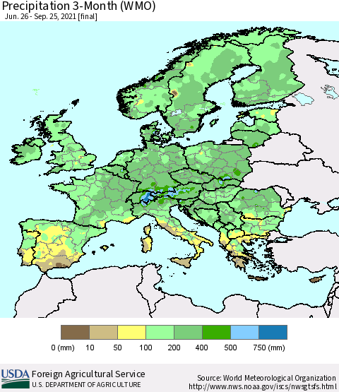 Europe Precipitation 3-Month (WMO) Thematic Map For 6/26/2021 - 9/25/2021