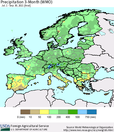 Europe Precipitation 3-Month (WMO) Thematic Map For 7/1/2021 - 9/30/2021