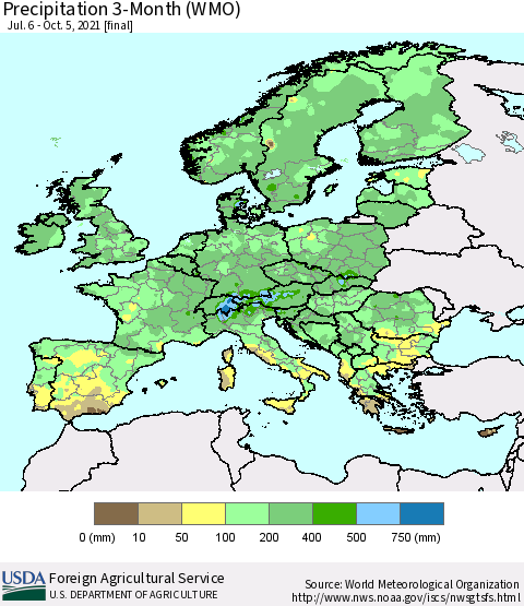 Europe Precipitation 3-Month (WMO) Thematic Map For 7/6/2021 - 10/5/2021