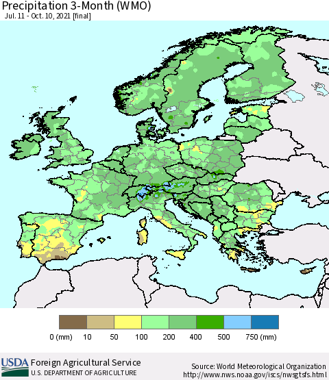 Europe Precipitation 3-Month (WMO) Thematic Map For 7/11/2021 - 10/10/2021