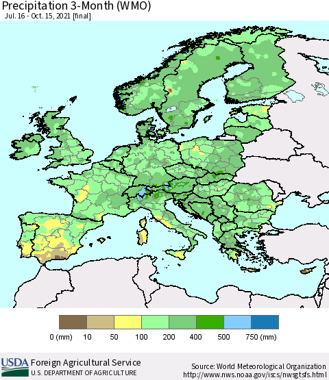 Europe Precipitation 3-Month (WMO) Thematic Map For 7/16/2021 - 10/15/2021