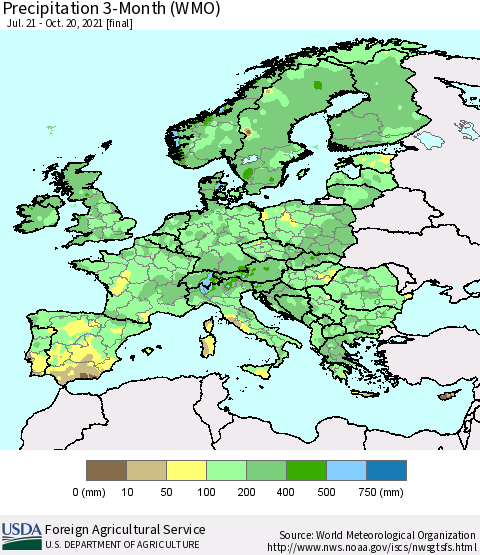 Europe Precipitation 3-Month (WMO) Thematic Map For 7/21/2021 - 10/20/2021