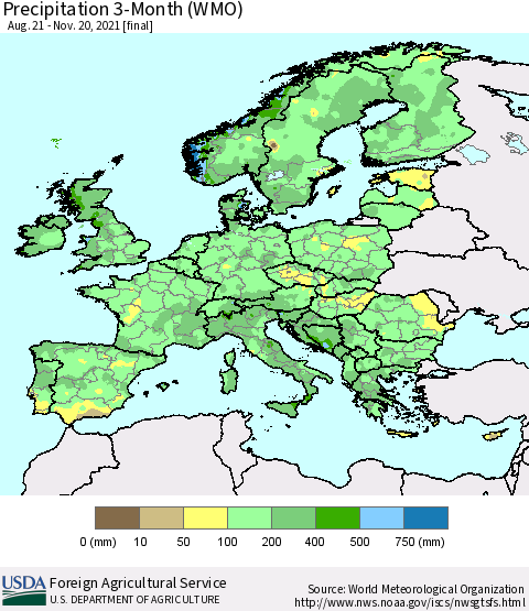 Europe Precipitation 3-Month (WMO) Thematic Map For 8/21/2021 - 11/20/2021
