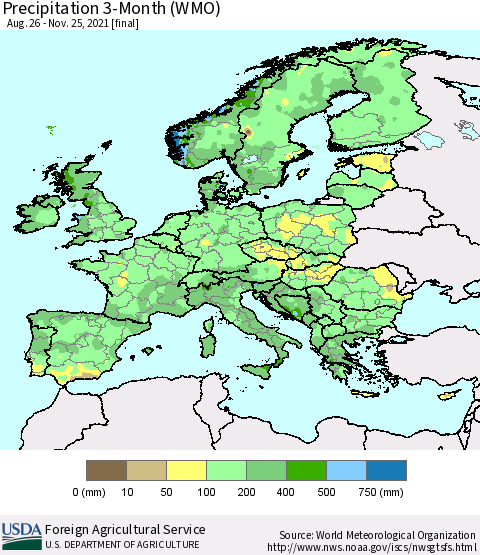 Europe Precipitation 3-Month (WMO) Thematic Map For 8/26/2021 - 11/25/2021