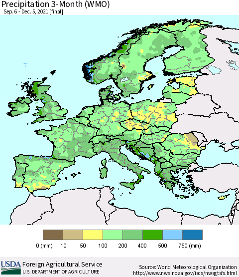 Europe Precipitation 3-Month (WMO) Thematic Map For 9/6/2021 - 12/5/2021