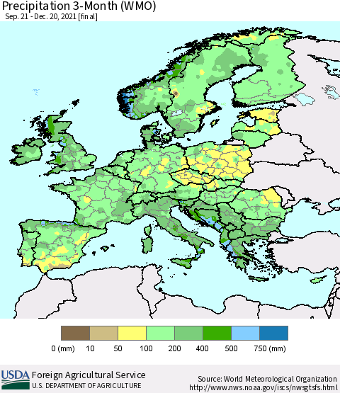 Europe Precipitation 3-Month (WMO) Thematic Map For 9/21/2021 - 12/20/2021