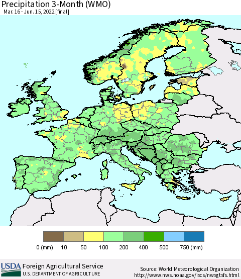 Europe Precipitation 3-Month (WMO) Thematic Map For 3/16/2022 - 6/15/2022