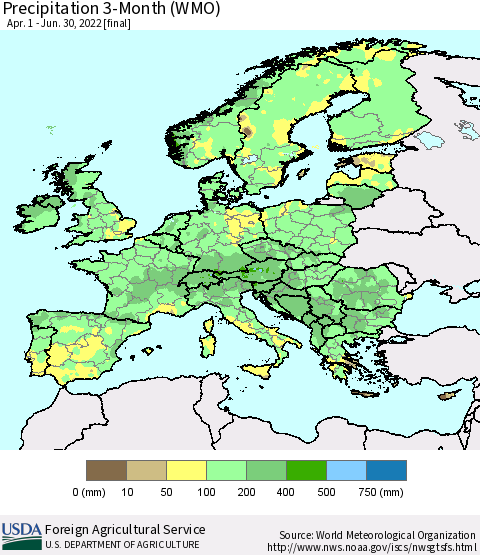 Europe Precipitation 3-Month (WMO) Thematic Map For 4/1/2022 - 6/30/2022