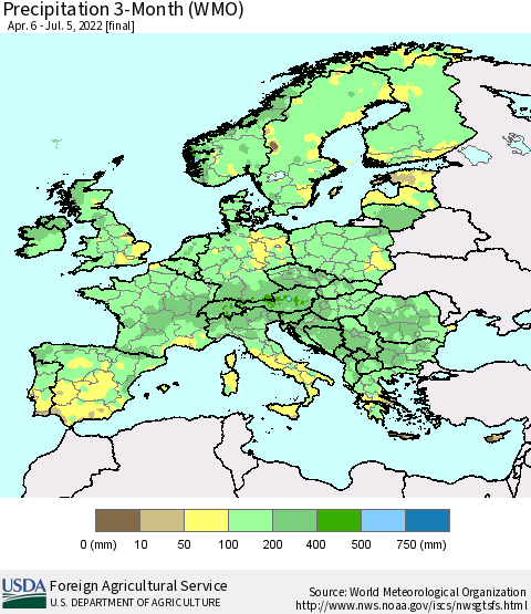 Europe Precipitation 3-Month (WMO) Thematic Map For 4/6/2022 - 7/5/2022