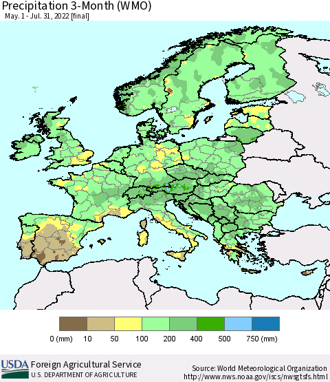 Europe Precipitation 3-Month (WMO) Thematic Map For 5/1/2022 - 7/31/2022