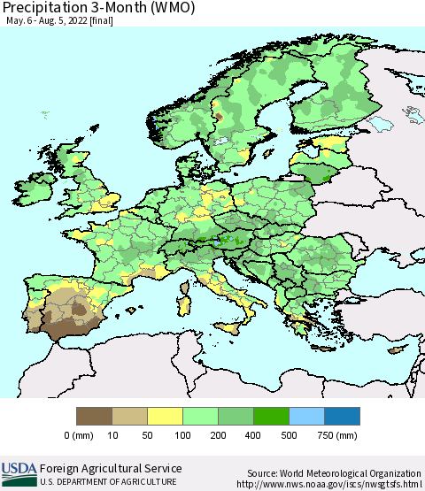 Europe Precipitation 3-Month (WMO) Thematic Map For 5/6/2022 - 8/5/2022