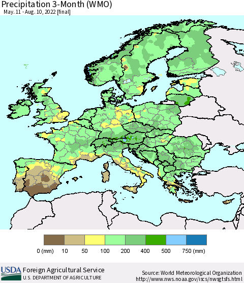 Europe Precipitation 3-Month (WMO) Thematic Map For 5/11/2022 - 8/10/2022