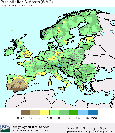 Europe Precipitation 3-Month (WMO) Thematic Map For 5/16/2022 - 8/15/2022