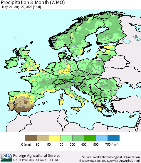 Europe Precipitation 3-Month (WMO) Thematic Map For 5/21/2022 - 8/20/2022